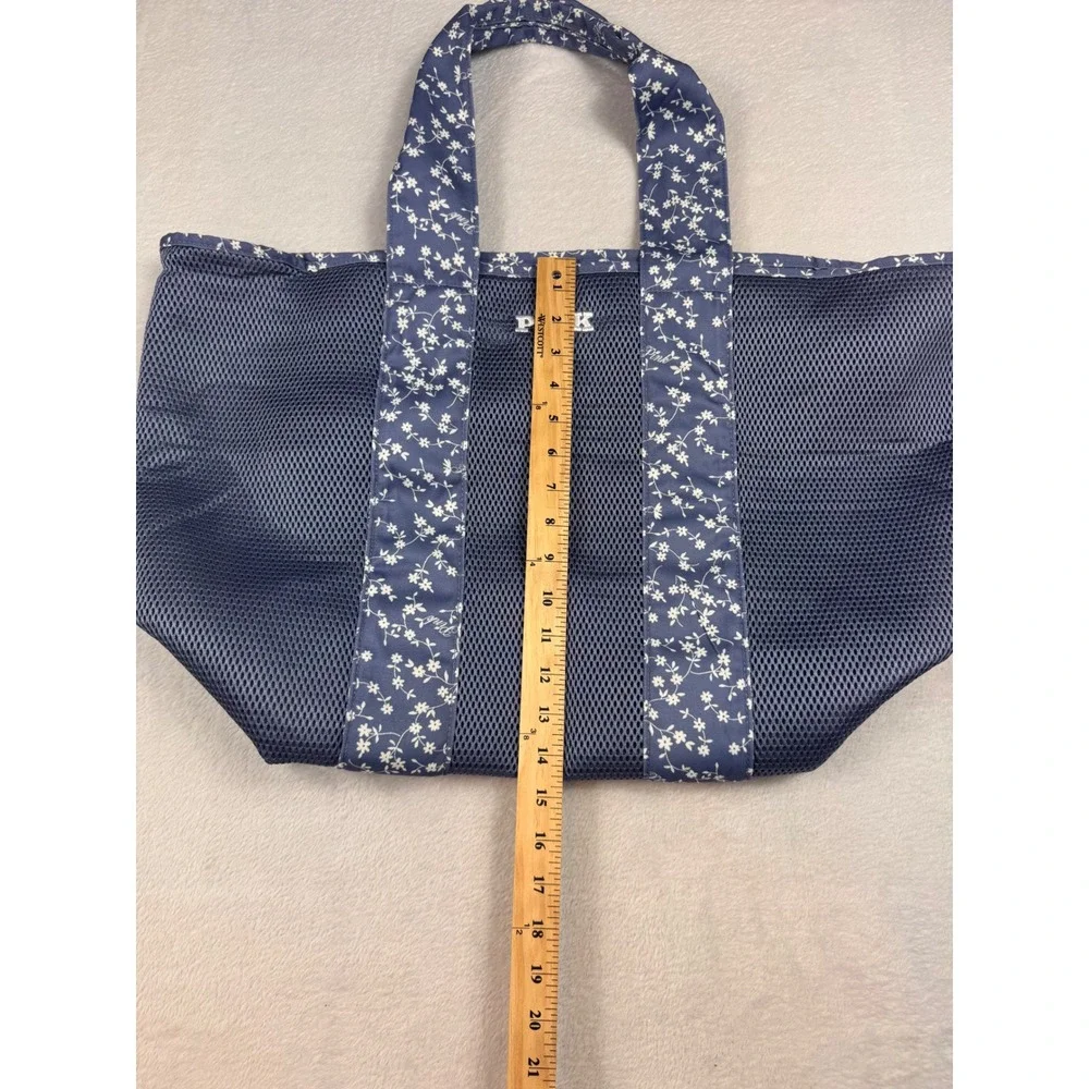 Victoria's Secret PINK Mesh Tote Bag Navy Blue Floral Zipper Beach Gym Carryall